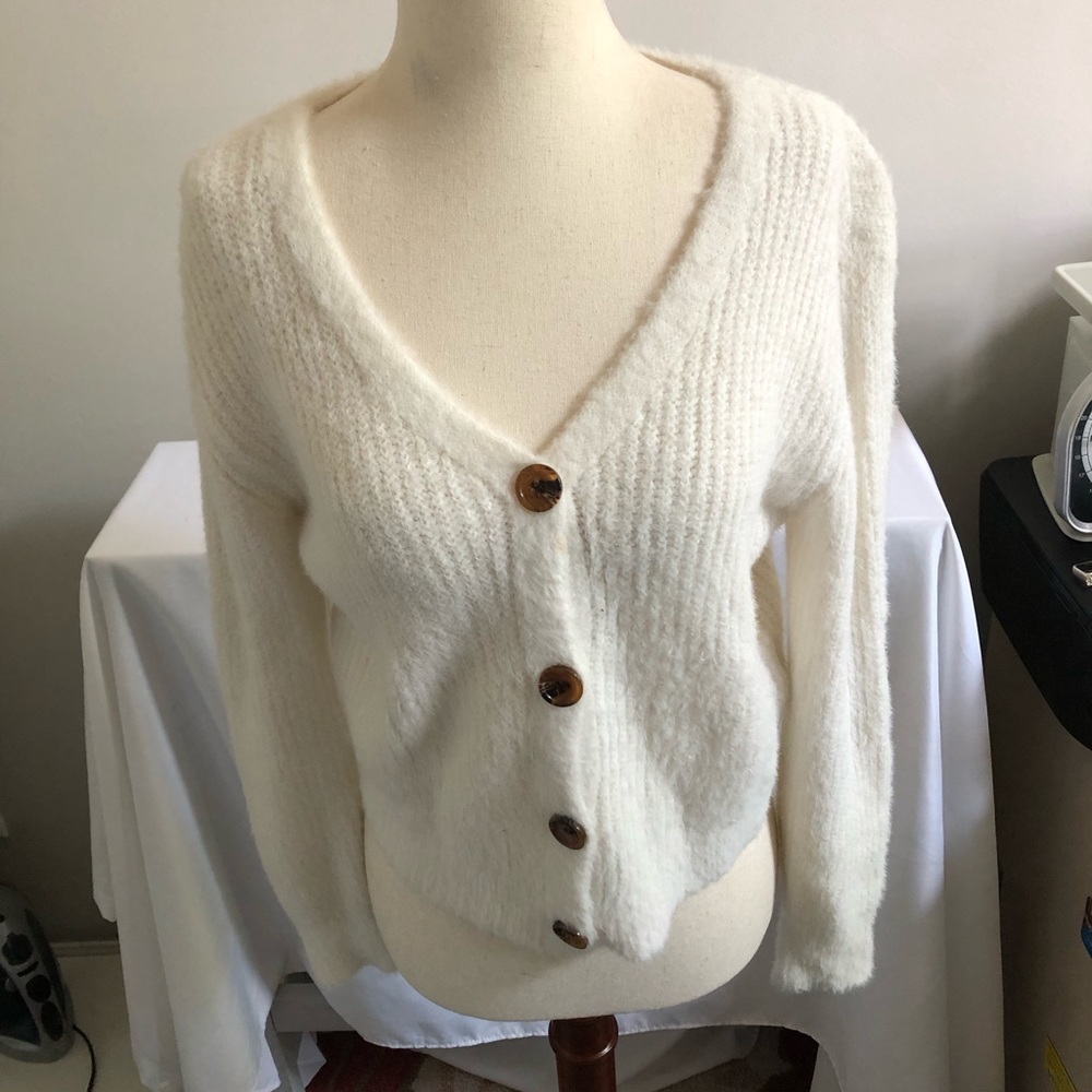 Love Tree Cream Fuzzy V-Neck Button Front Cardigan